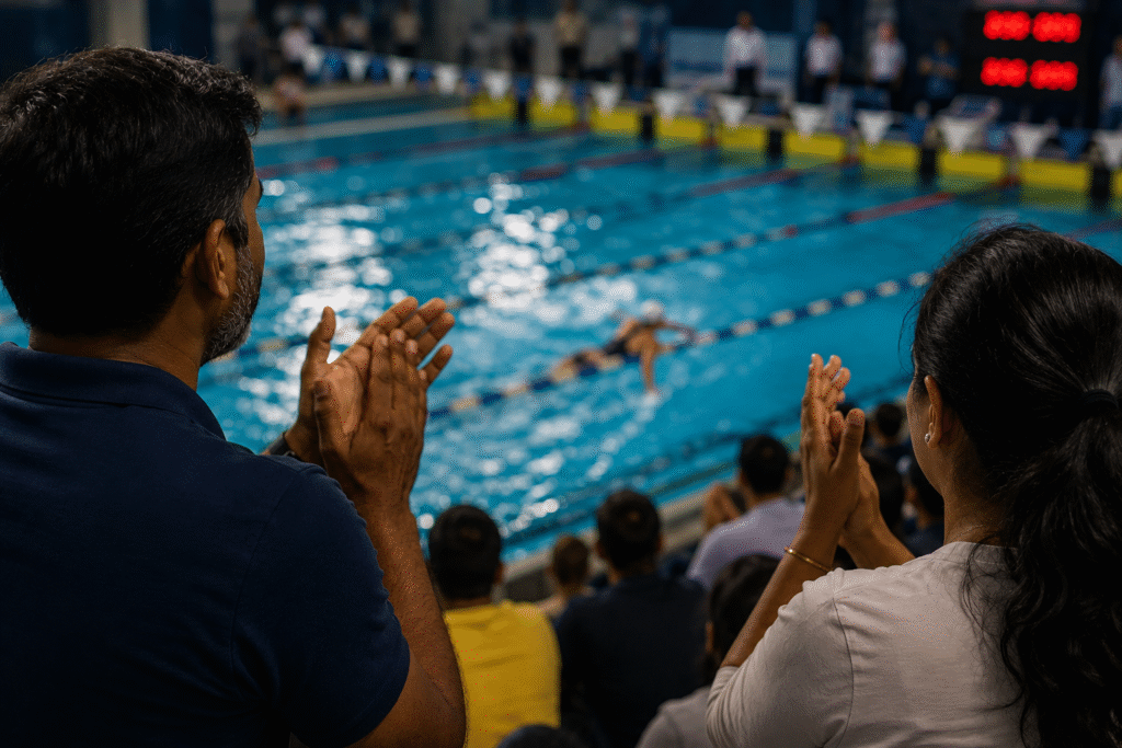 Sports parents cheering their child at a swimming competition, encouraging families to think beyond winning and focus on growth.