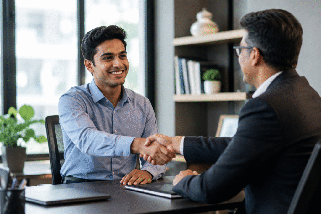 Young employee shaking hands with manager after learning to think like a professional from day one in the workplace