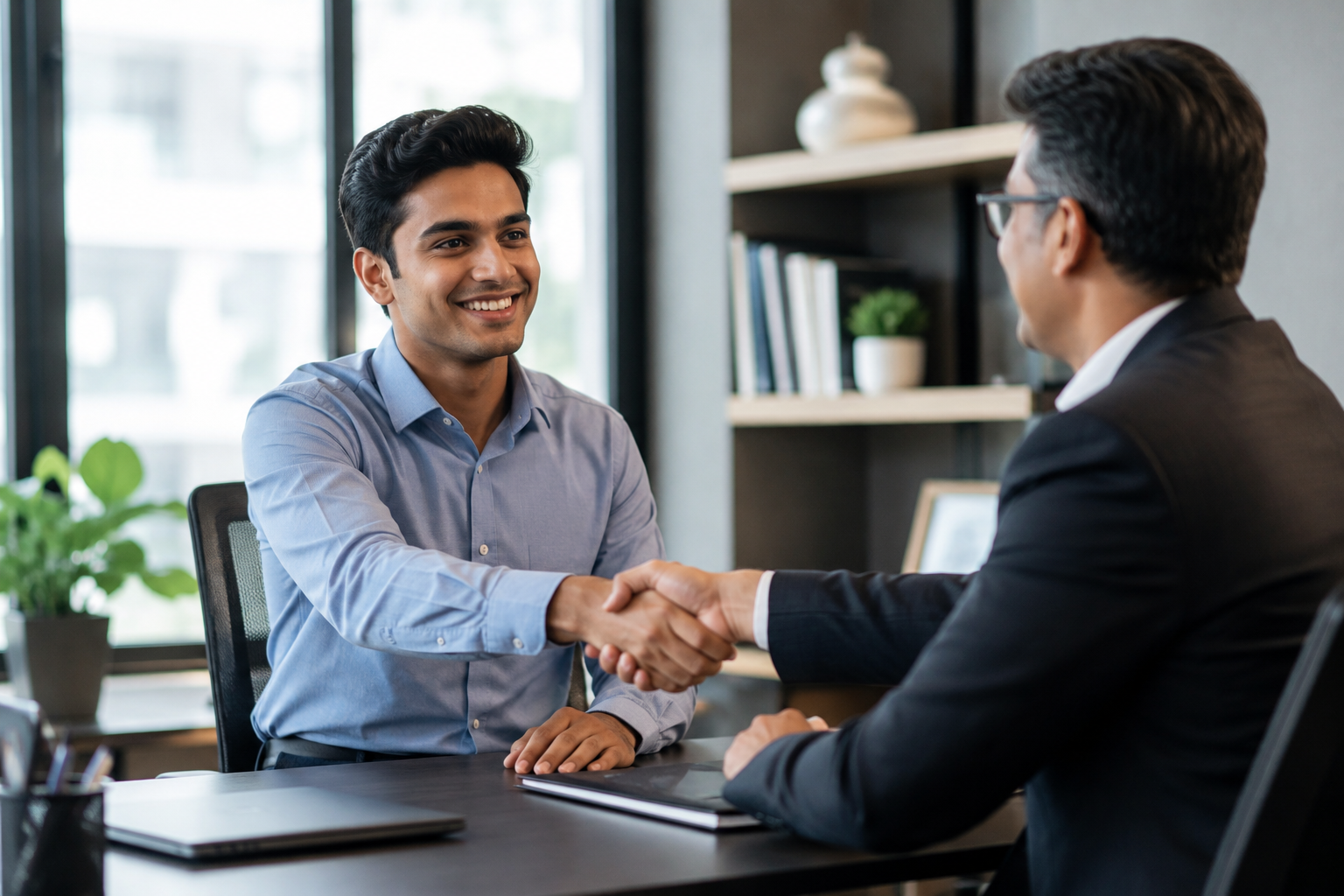 Young employee shaking hands with manager after learning to think like a professional from day one in the workplace