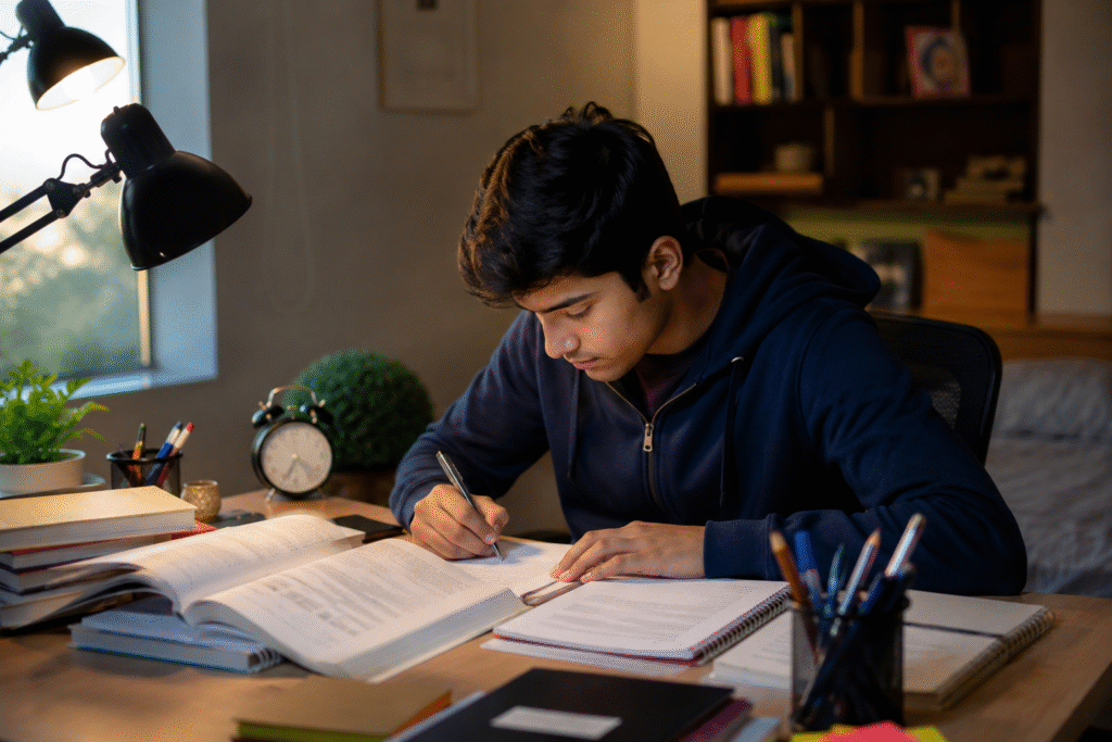 Student preparing for an entrance exam, demonstrating daily practices to build a strong exam mindset through focused and consistent preparation.