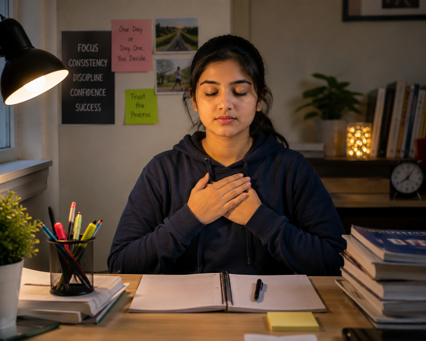 Student taking a two-minute mental reset before studying to build a strong exam mindset for entrance exam preparation.