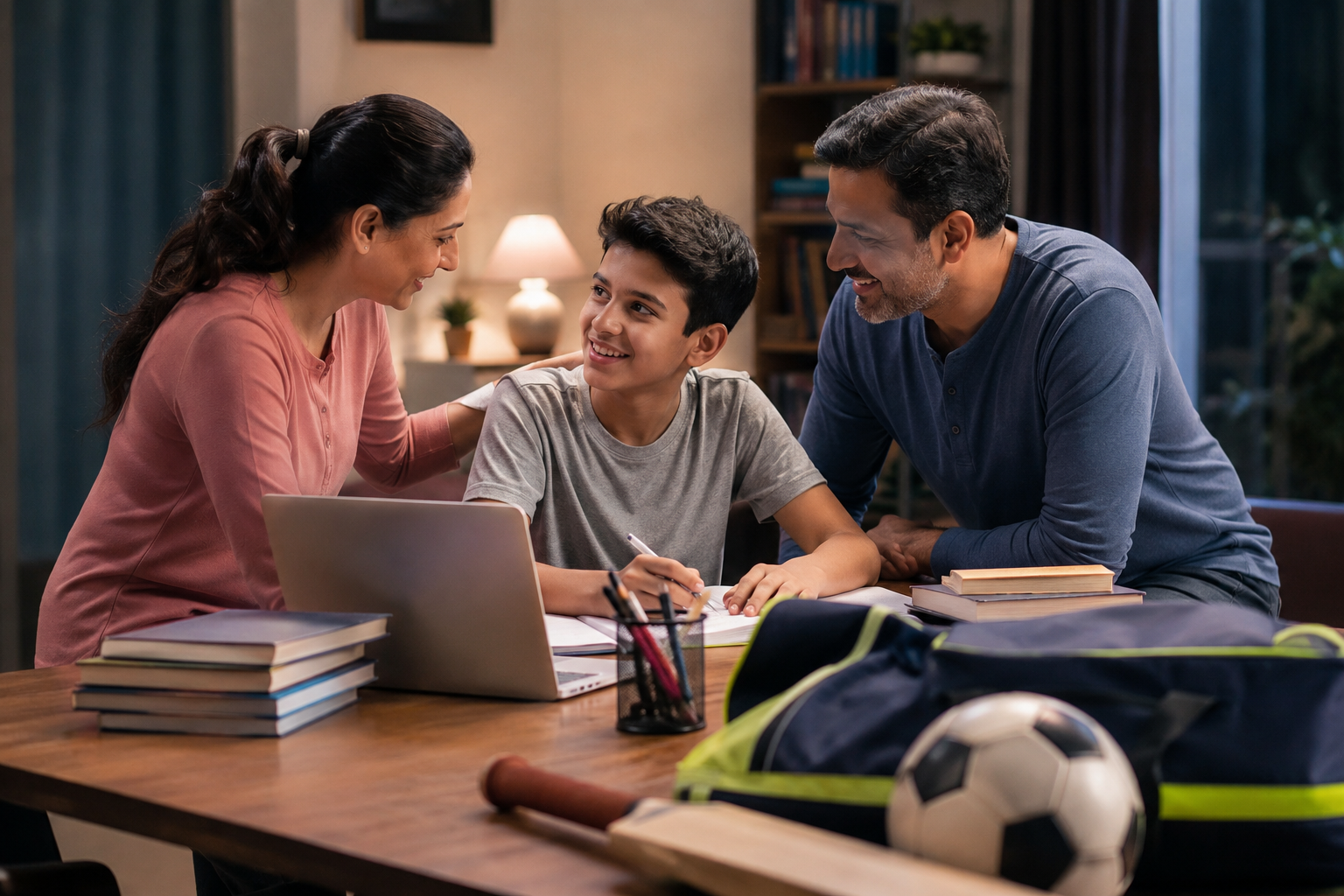 Athlete balancing schoolwork and sports with parental support, showing how parents can support sports and studies.