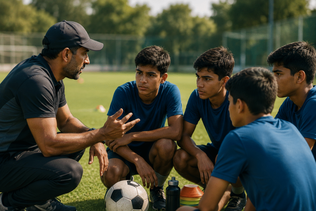 Coach guiding young athletes during a focused training session to build mentally strong athletes through focus, teamwork and mental preparation.