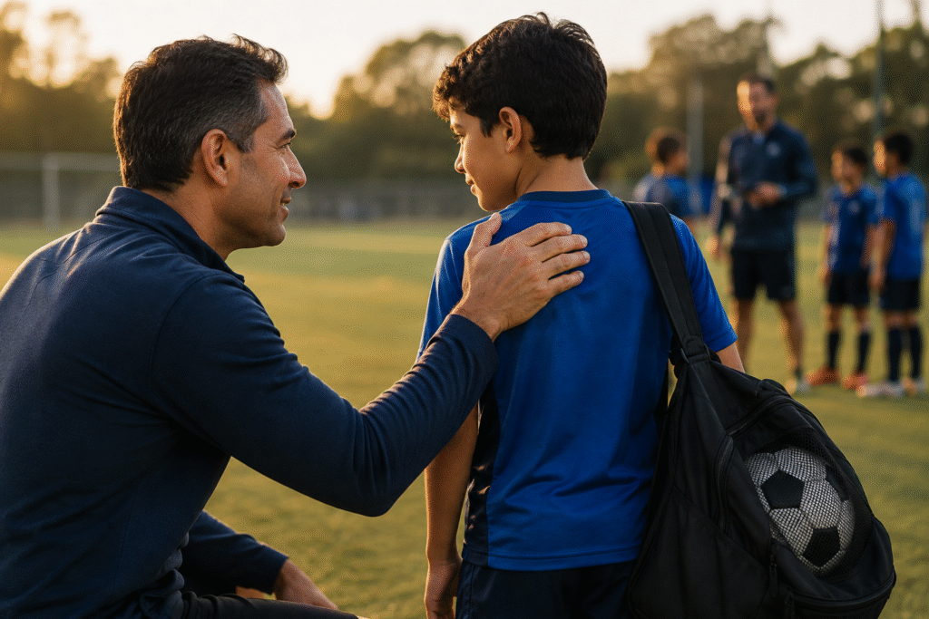 Sports parent encouraging a young athlete during the beginning with new coach before a training session, showing trust, support, and confidence