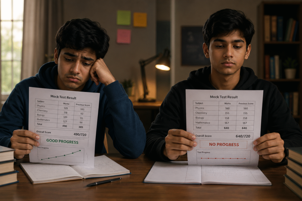 Two students reviewing mock-test results, showing how topper comparison can make a student feel discouraged despite making good progress.
