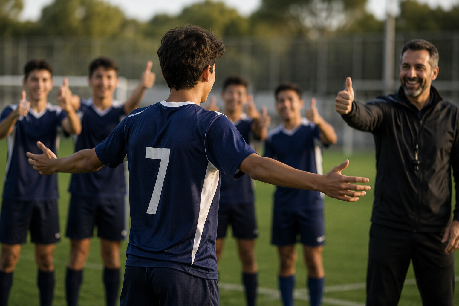 Young soccer player celebrating a goal with teammates and coach, after coach spot peer pressure and created safe space