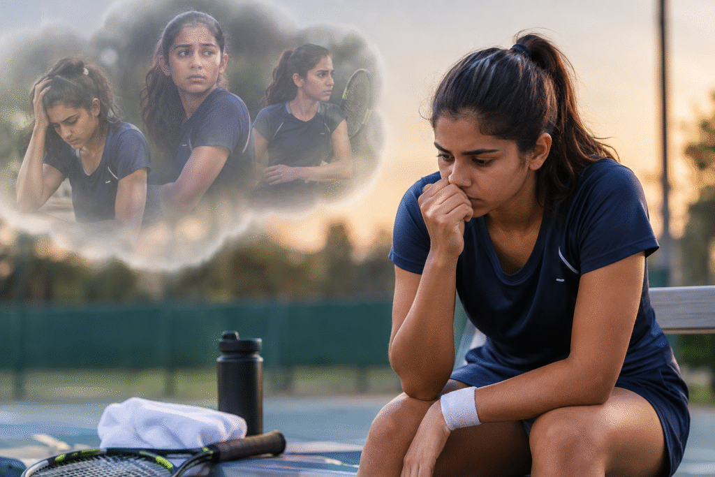 Athlete reflecting after a difficult tennis moment and recognising when she may lose confidence.