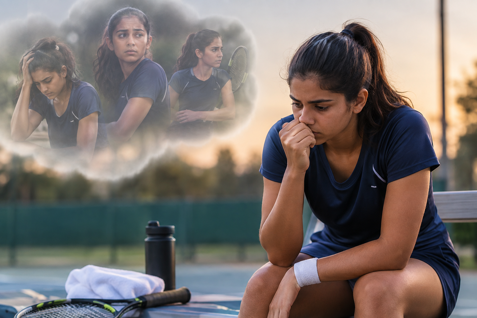 Athlete reflecting after a difficult tennis moment and recognising when she may lose confidence.