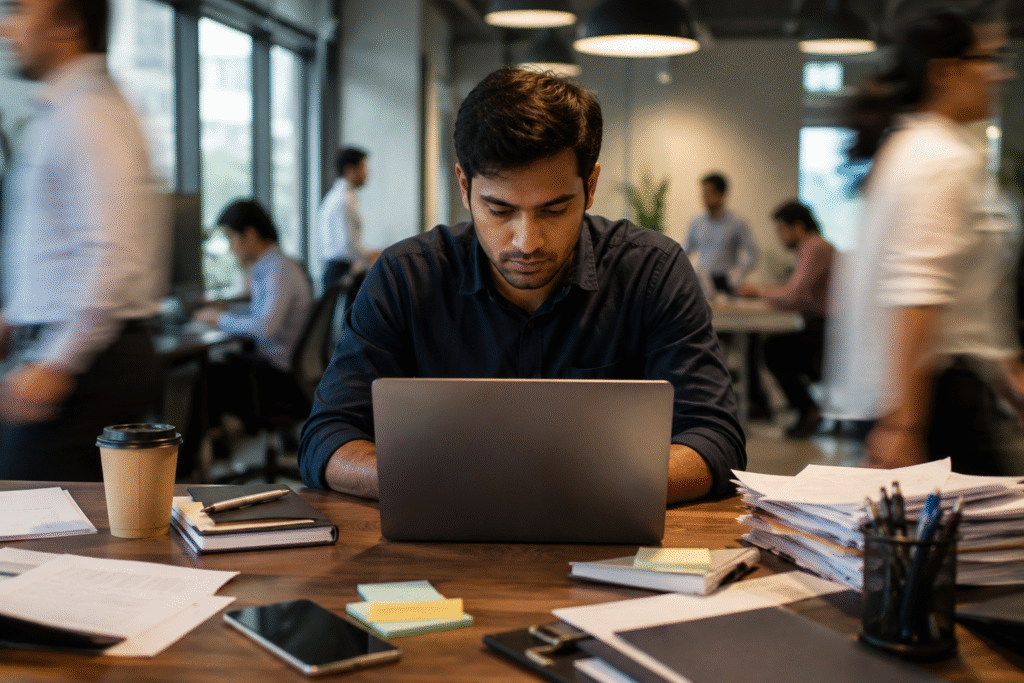 Employee sitting in the office and figuring out a way to manage time when everything feels urgent