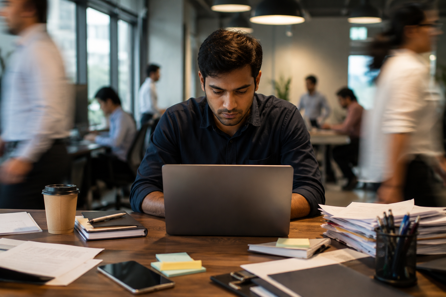 Employee sitting in the office and figuring out a way to manage time when everything feels urgent