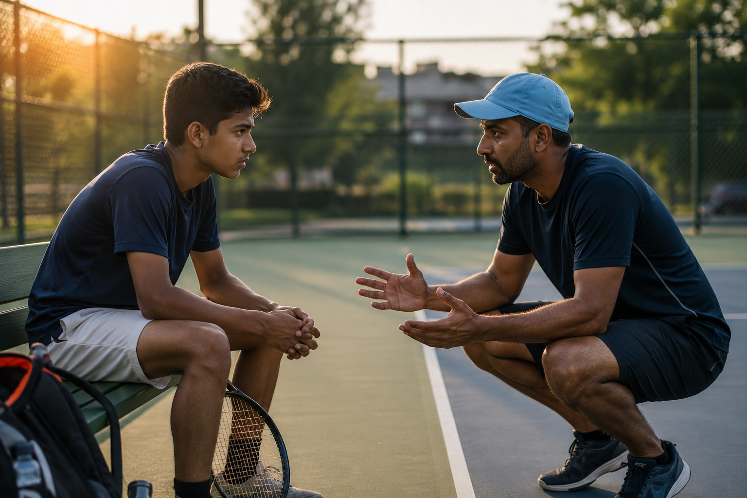 Sports coach helping a young athlete trust their ability during a tennis training session.