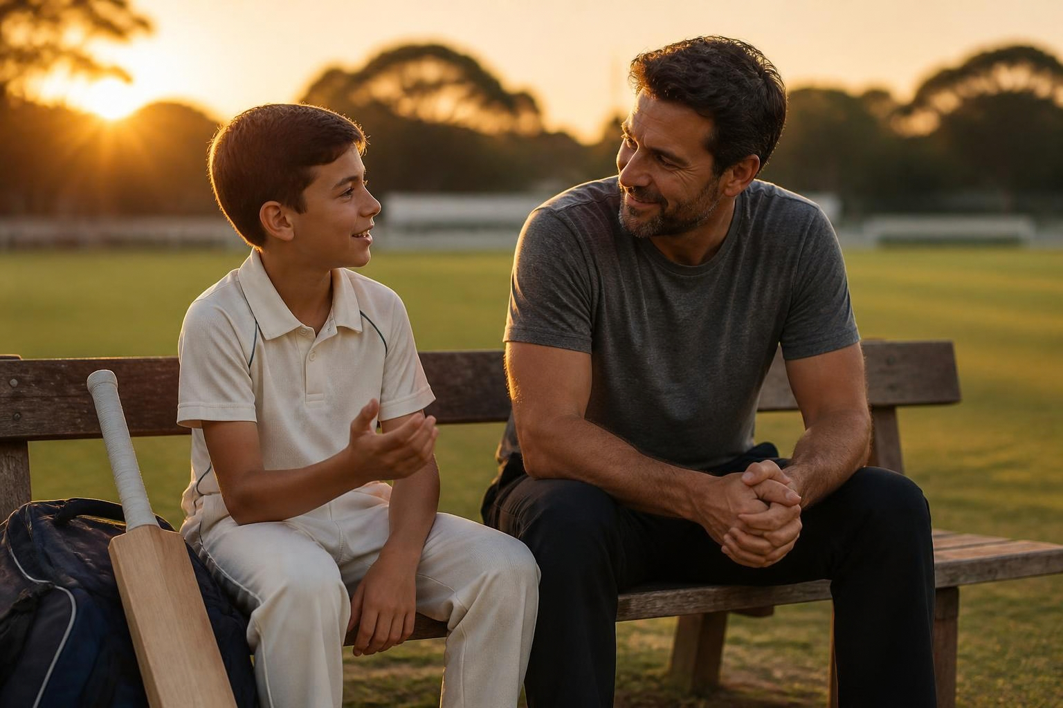 Father and son in cricket whites sitting on a bench by the ground at sunset, sharing sports conversations after a match